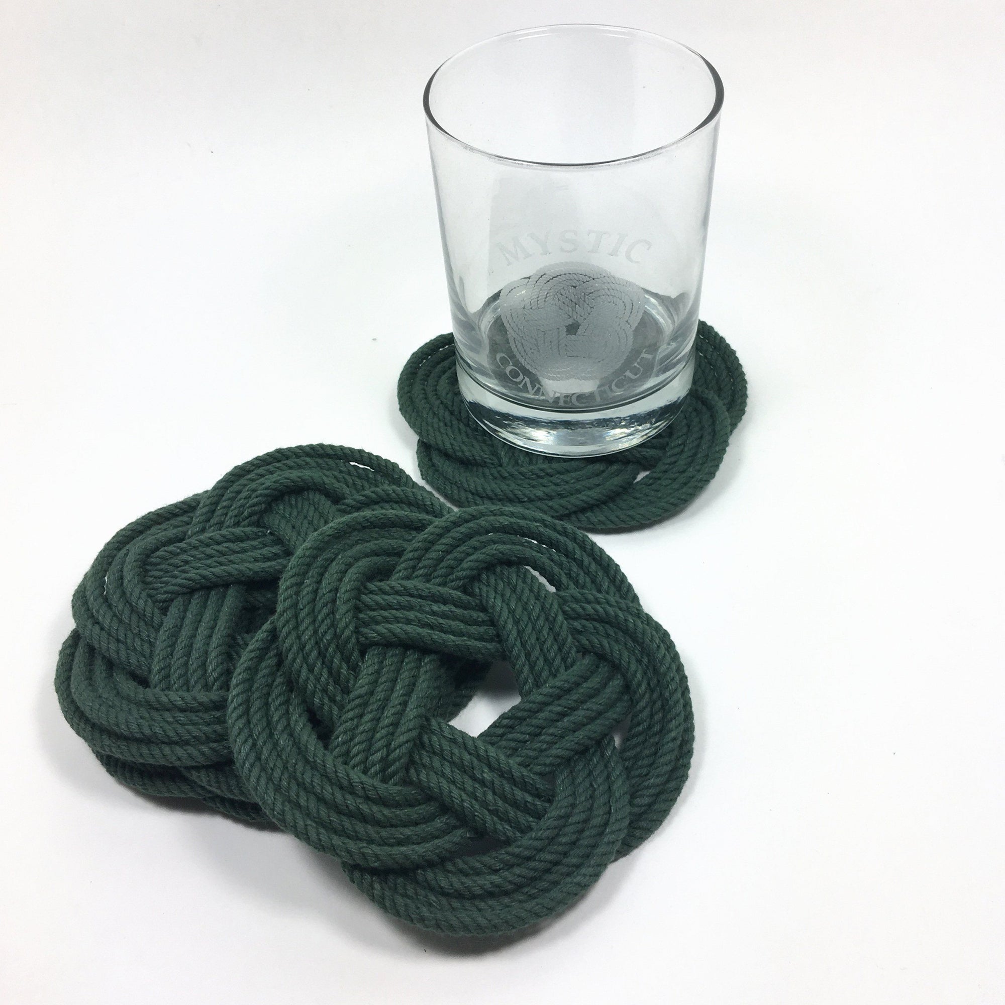 Nautical Knot Sailor Knot Coasters, Forest Green , Set of 4 handmade at Mystic Knotwork