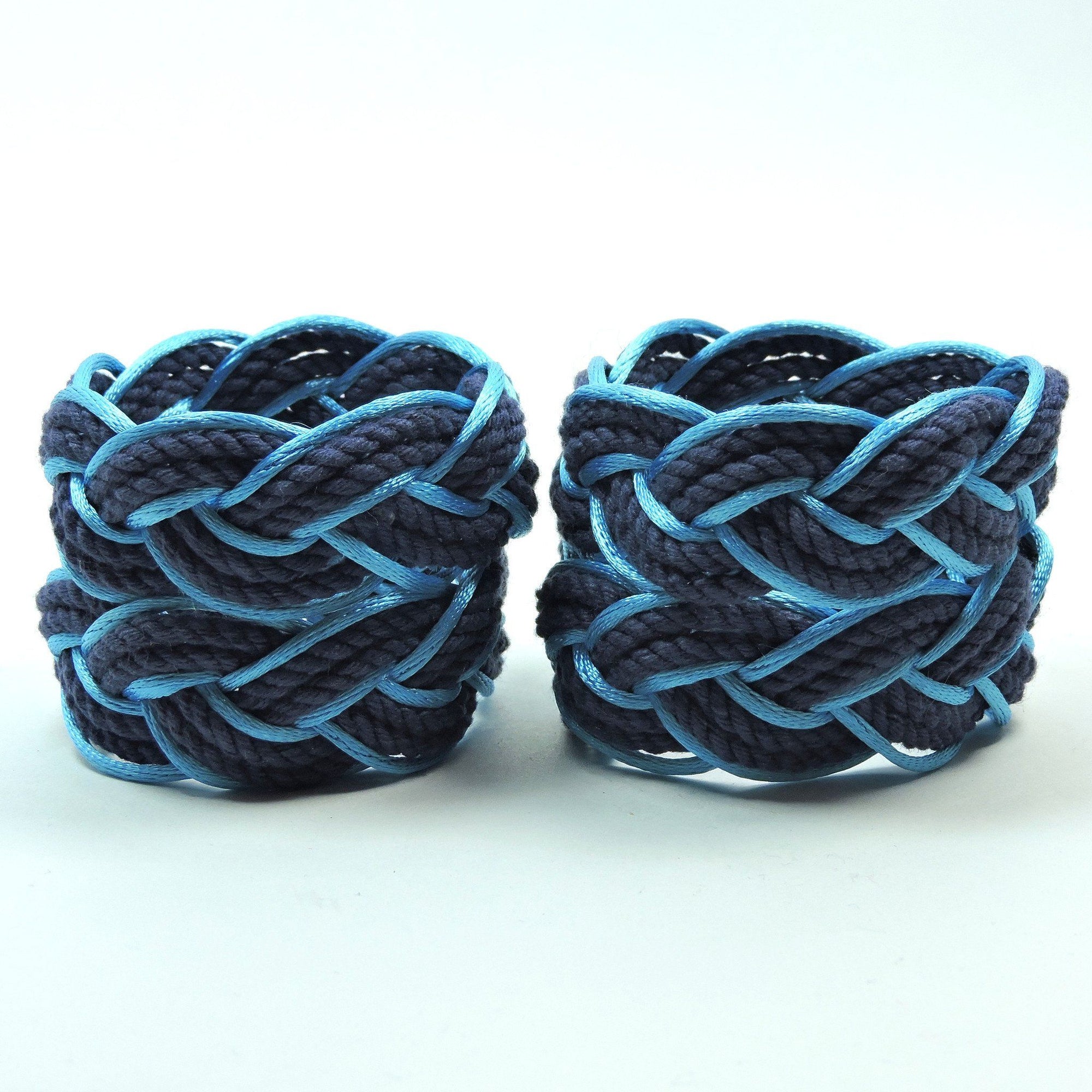 Nautical Knot Sailor Knot Napkin Rings, Navy Outlined in Turquoise Satin, Set of 4 - Limited Edition! handmade at Mystic Knotwork