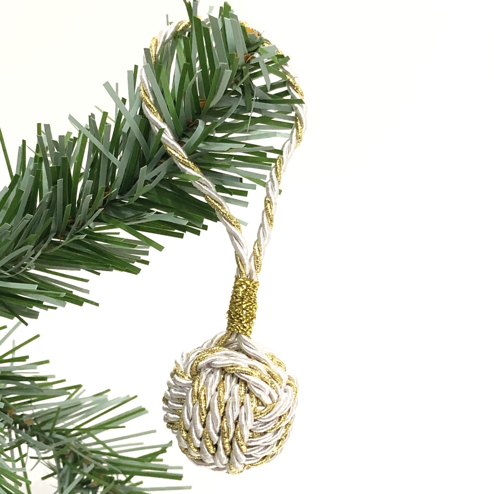 Nautical Christmas Ball Ornament Metallic Monkey Fist Mystic Knotwork White and Gold 