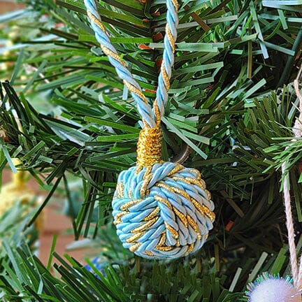 Nautical Christmas Ball Ornament Metallic Monkey Fist Mystic Knotwork Light Blue and Gold 