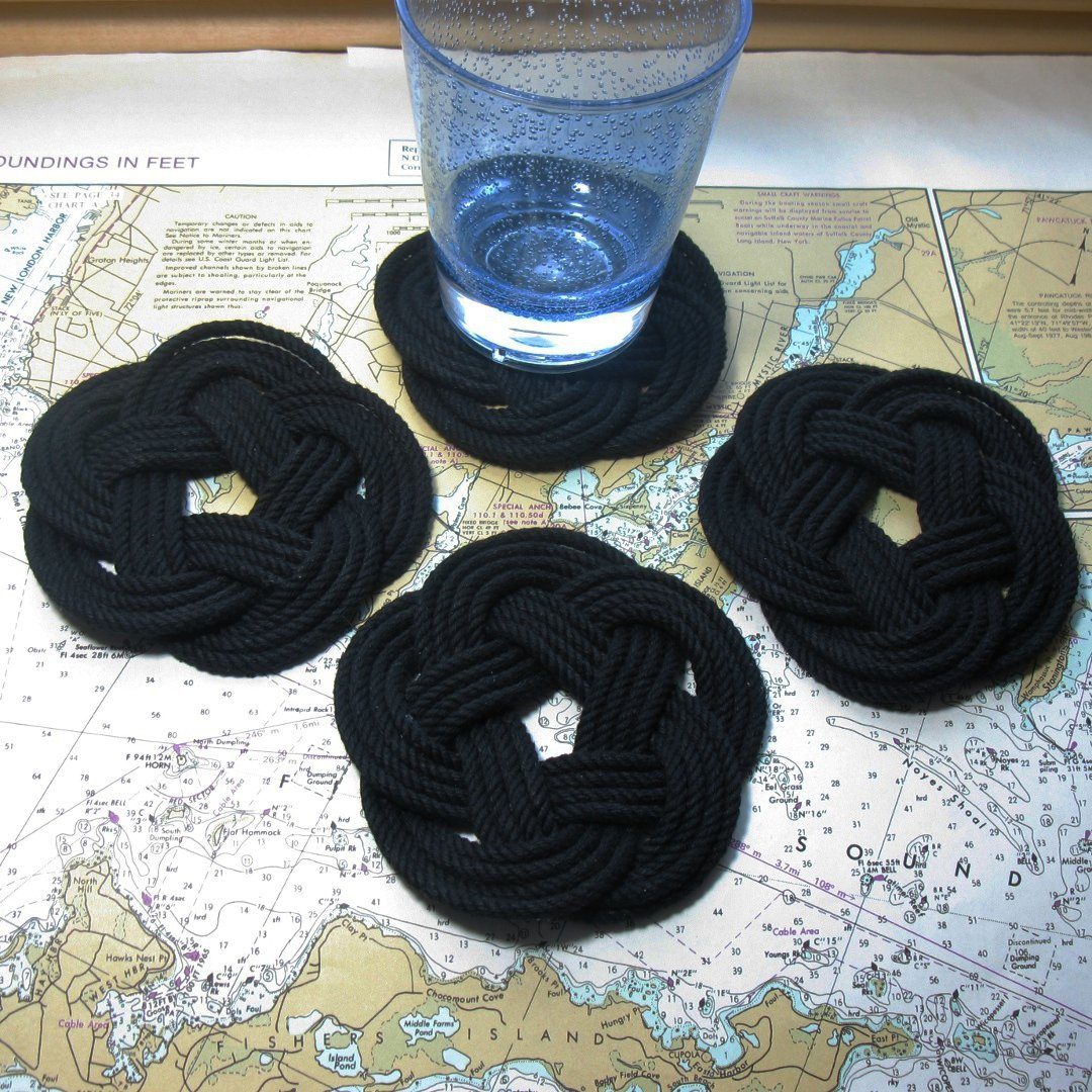 Nautical Knot Sailor Knot Coasters, Woven in Black , Set of 4 handmade at Mystic Knotwork