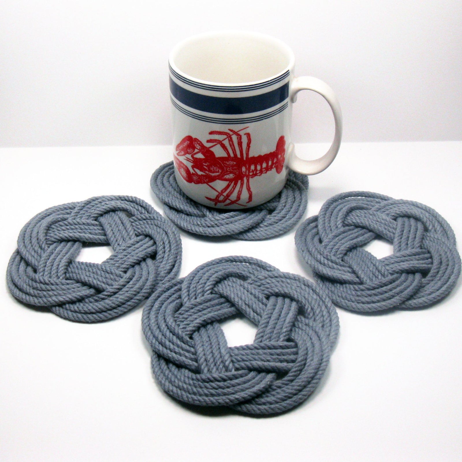 Nautical Knot Sailor Knot Coasters, Woven in Grey , Set of 4 handmade at Mystic Knotwork