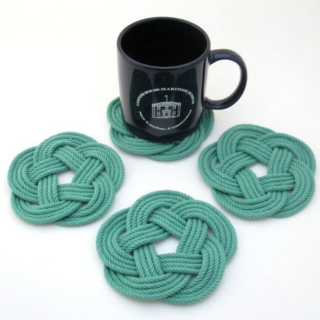 Nautical Knot Sailor Knot Coasters, woven in Green Cotton , Set of 4 handmade at Mystic Knotwork