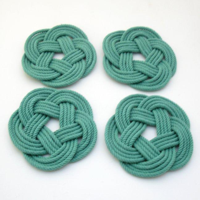 Nautical Knot Sailor Knot Coasters, woven in Green Cotton , Set of 4 handmade at Mystic Knotwork