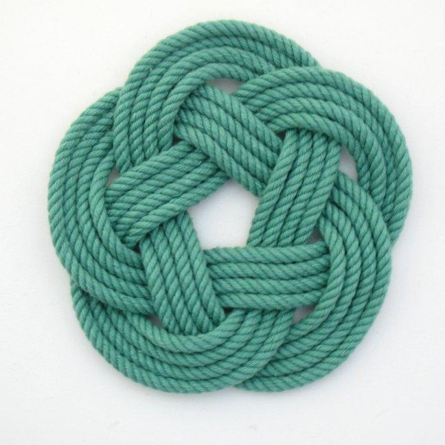 Nautical Knot Sailor Knot Coasters, woven in Green Cotton , Set of 4 handmade at Mystic Knotwork