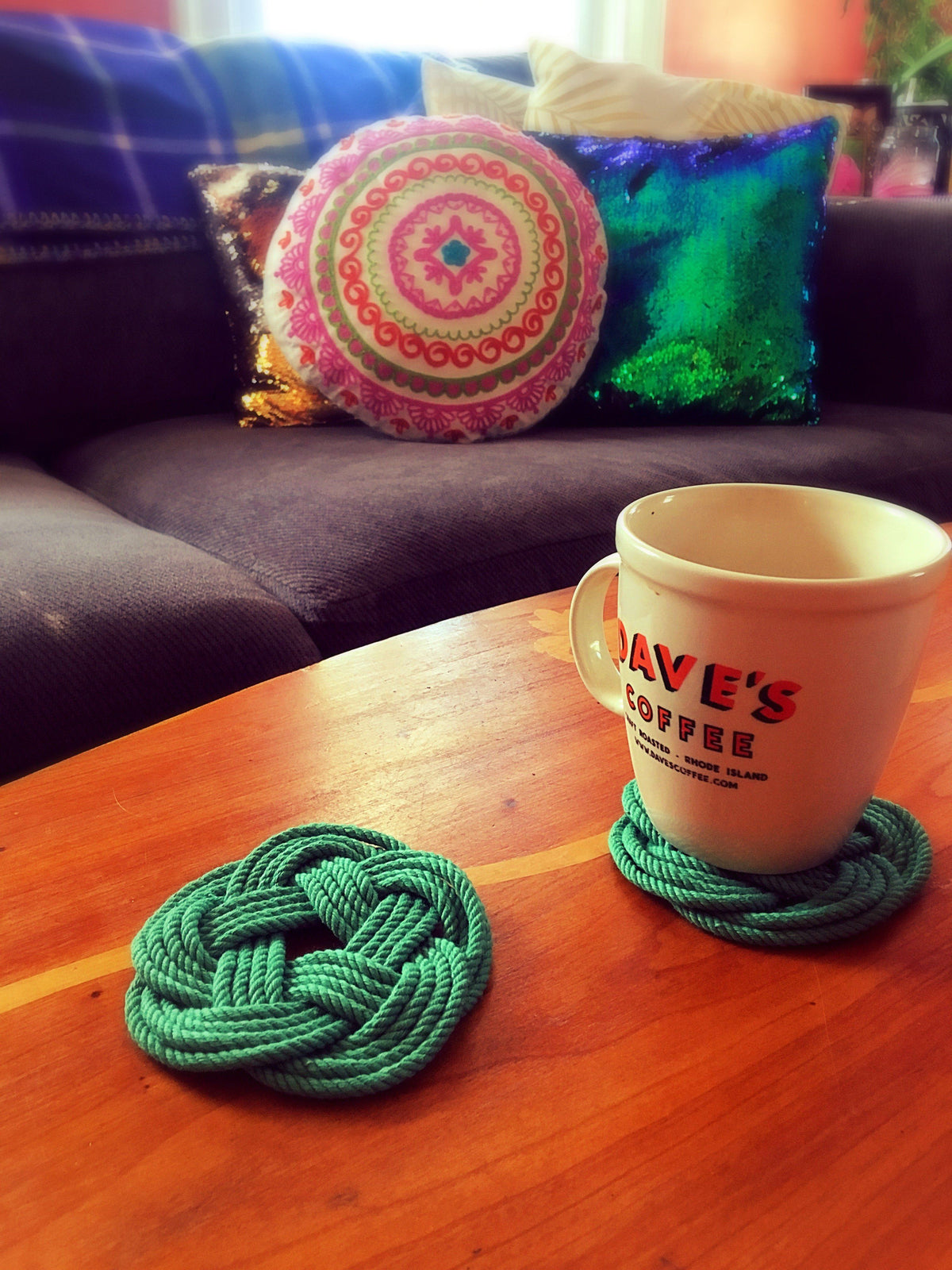 Nautical Knot Sailor Knot Coasters, woven in Green Cotton , Set of 4 handmade at Mystic Knotwork