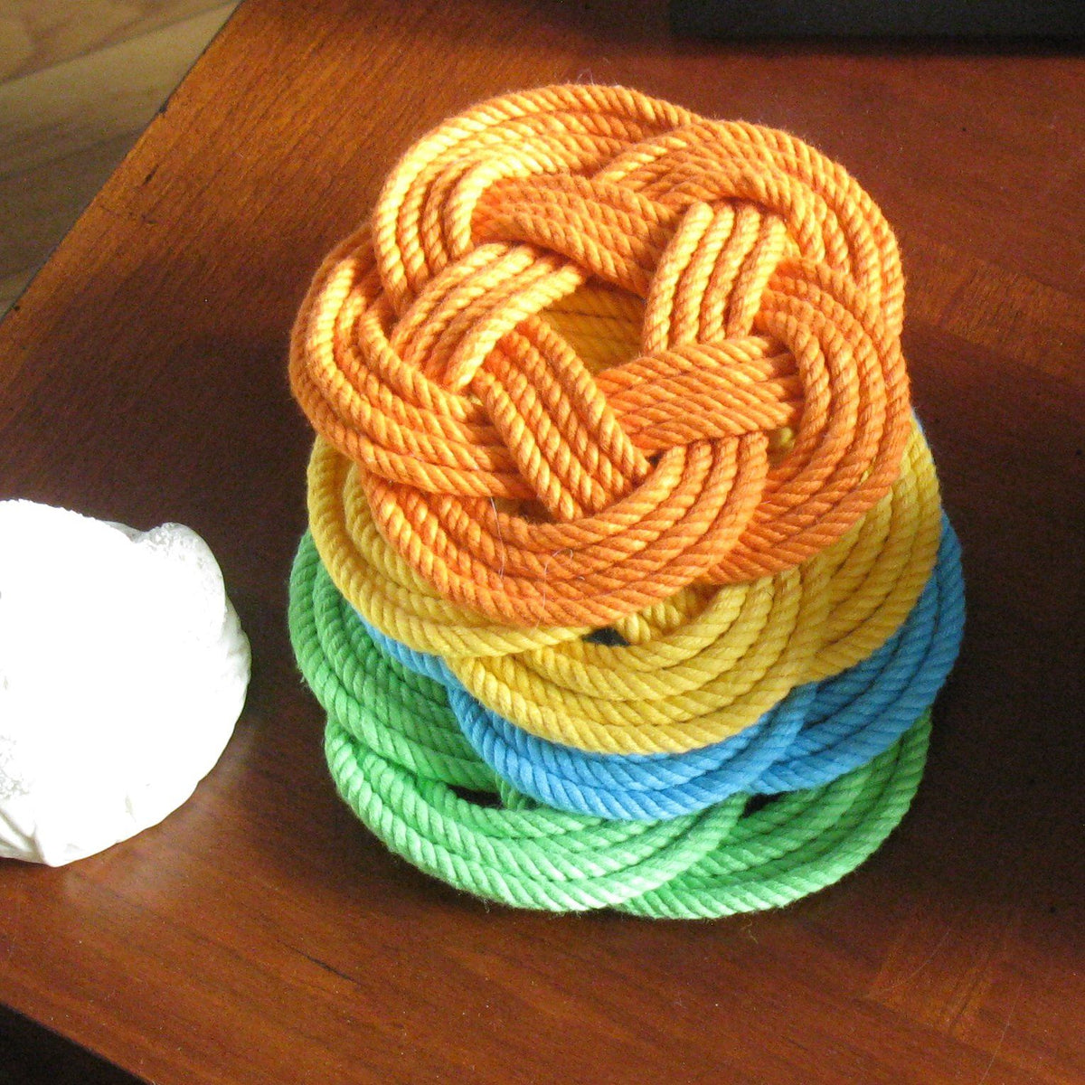 Nautical Knot Sailor Knot Coasters, woven in Orange Cotton , Set of 4 handmade at Mystic Knotwork