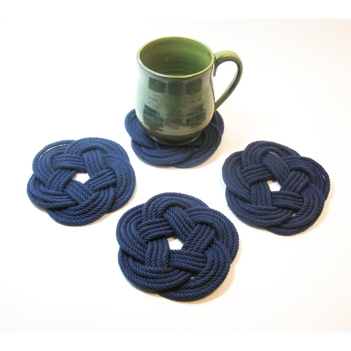 Nautical Knot Sailor Knot Coasters, woven in Navy Blue , Set of 4 handmade at Mystic Knotwork