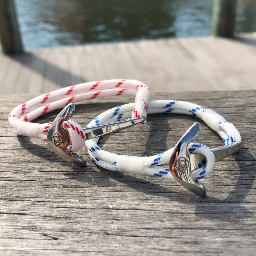 Nautical Knot Blue Stripe Nautical Anchor Bracelet Stainless Steel 165 handmade at Mystic Knotwork