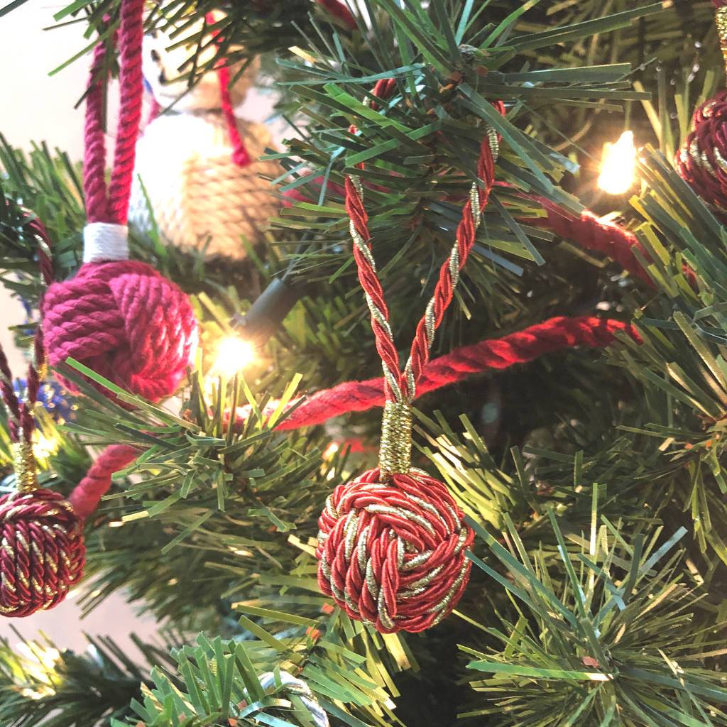 Red Nautical Christmas Ball Ornament Metallic Monkey Fist Mystic Knotwork 