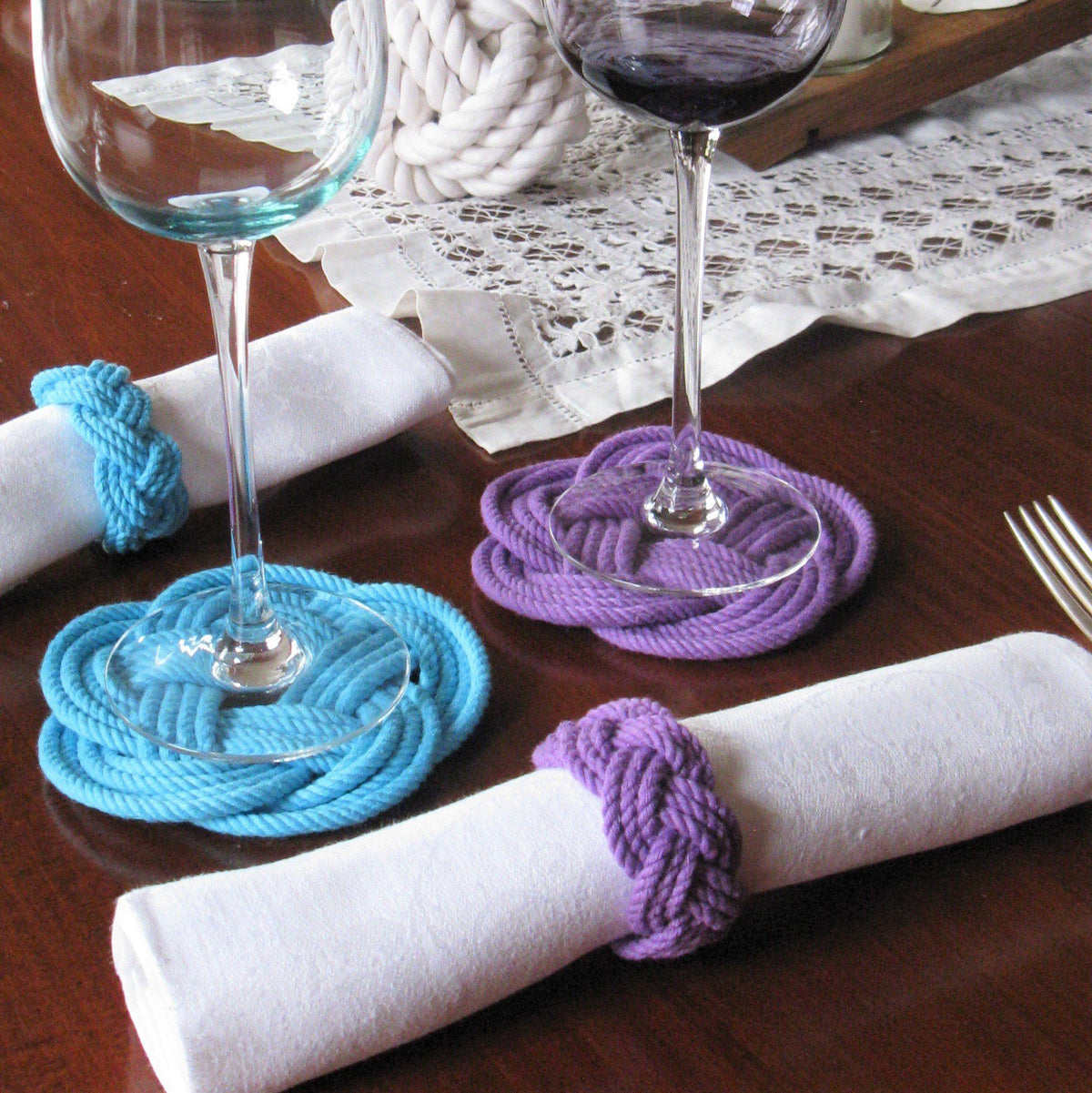 Nautical Knot Sailor Knot Coasters, woven in Purple Cotton , Set of 4 handmade at Mystic Knotwork