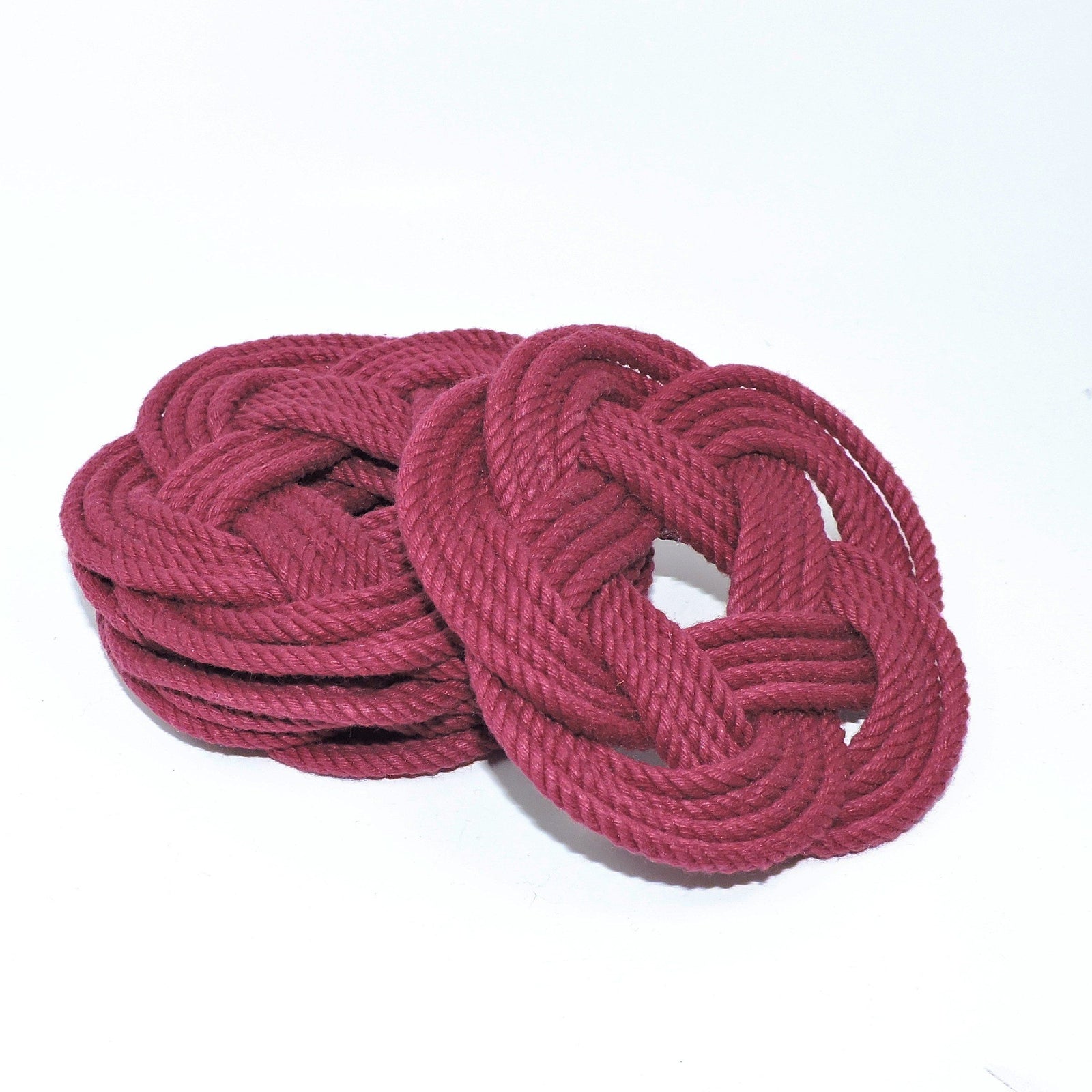 Nautical Knot Sailor Knot Coasters, woven in Burgundy , Set of 4 handmade at Mystic Knotwork