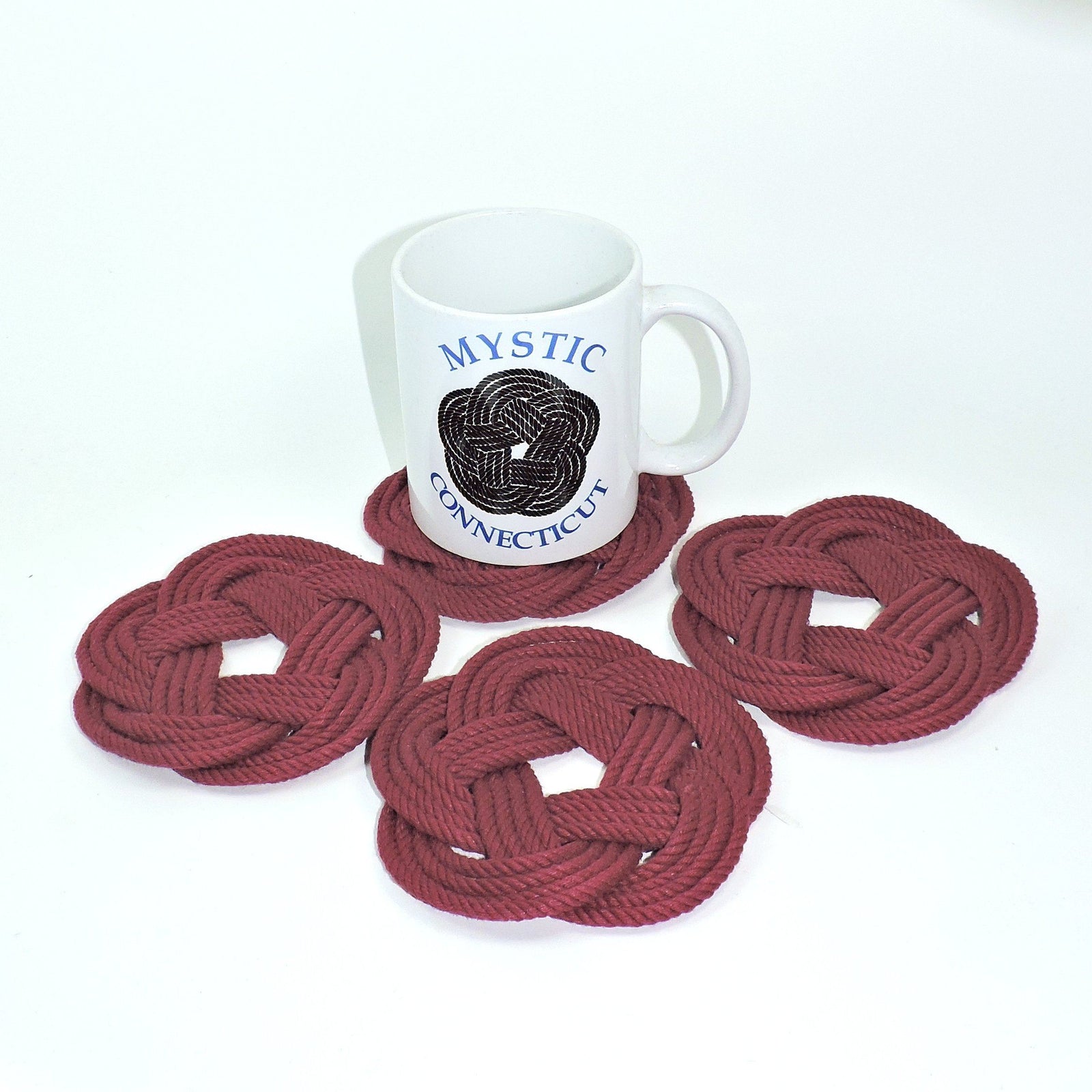 Nautical Knot Sailor Knot Coasters, woven in Burgundy , Set of 4 handmade at Mystic Knotwork