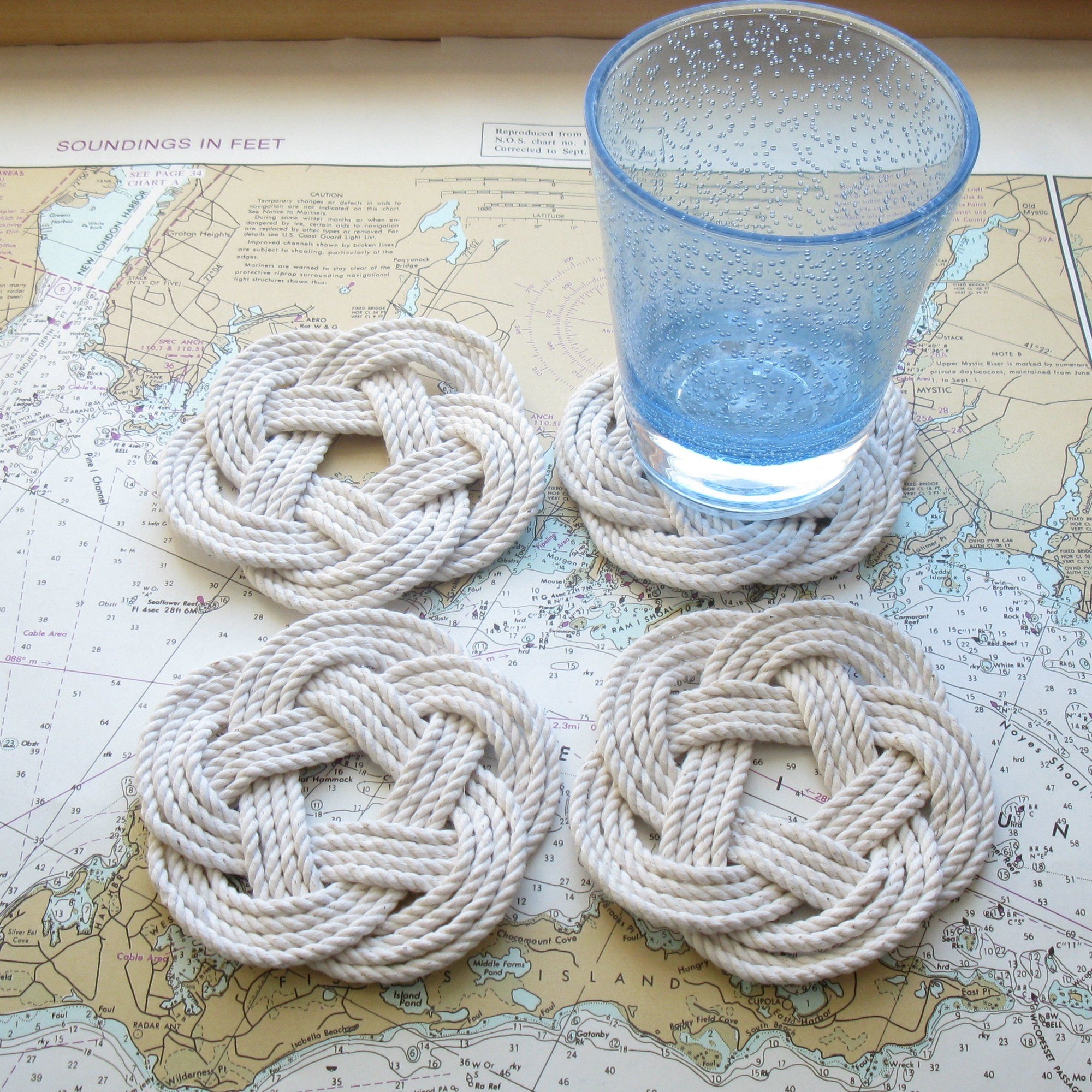 Nautical Knot Sailor Knot Coasters, Woven in White, Set of 4 handmade at Mystic Knotwork