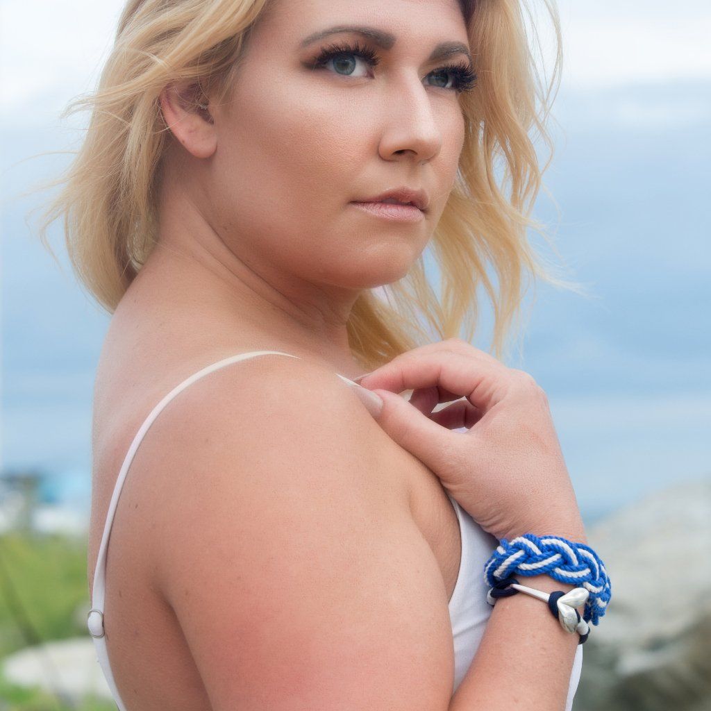 Nautical Knot Blue Stripe Nautical Whale Tail Bracelet Stainless Steel 165 handmade at Mystic Knotwork