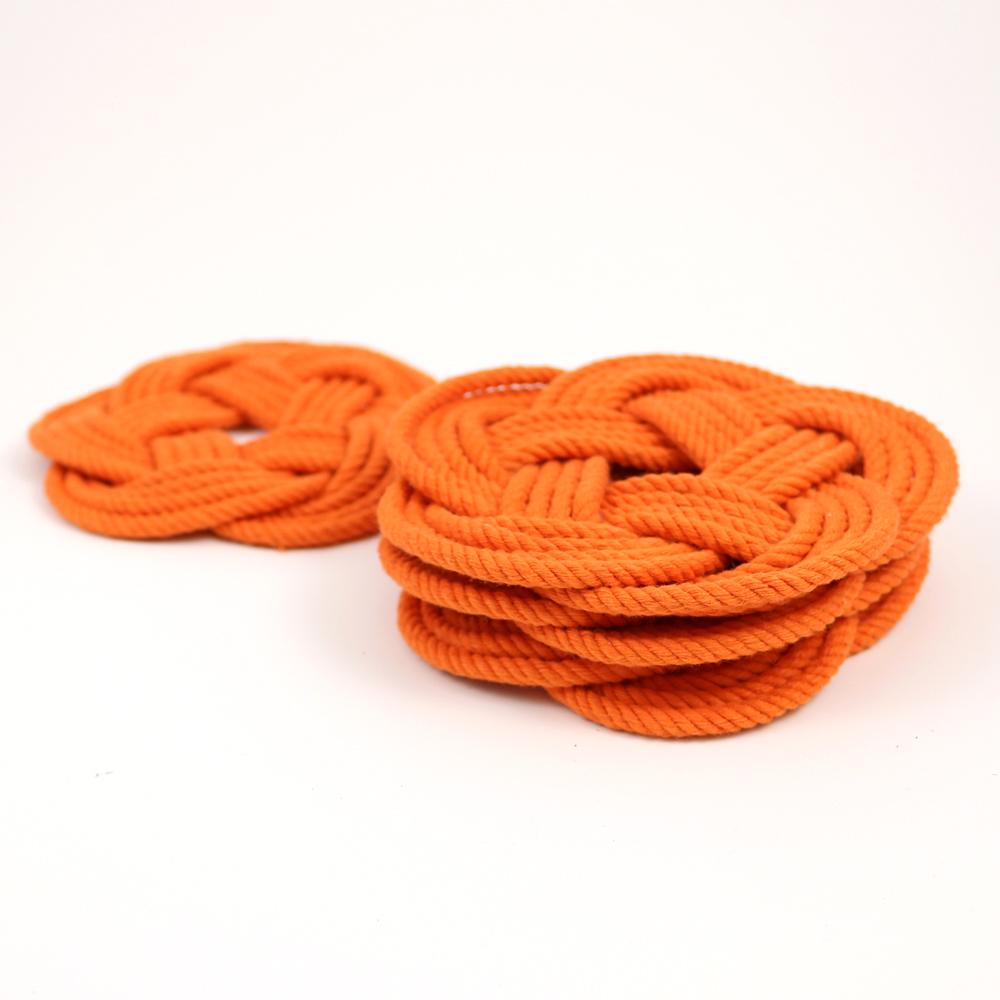 Nautical Knot Sailor Knot Coasters, woven in Orange Cotton , Set of 4 handmade at Mystic Knotwork