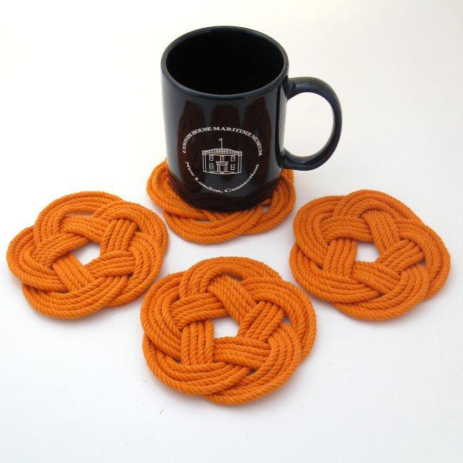 Nautical Knot Sailor Knot Coasters, woven in Orange Cotton , Set of 4 handmade at Mystic Knotwork