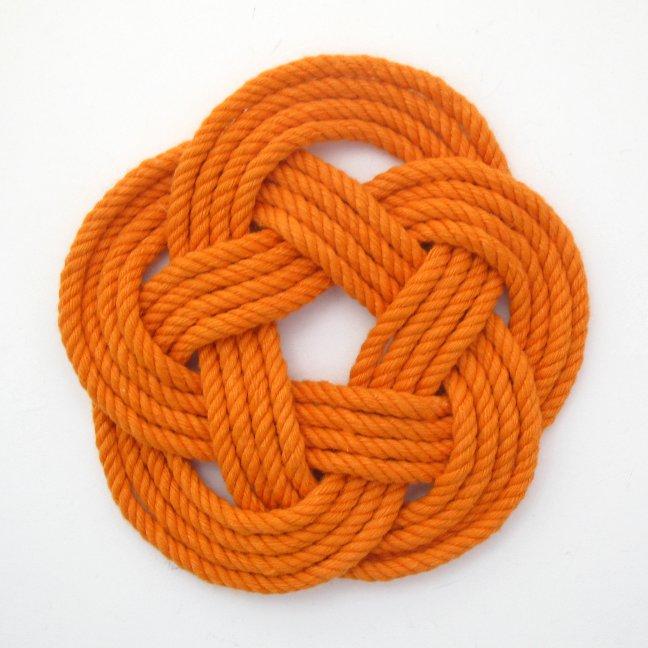 Nautical Knot Sailor Knot Coasters, woven in Orange Cotton , Set of 4 handmade at Mystic Knotwork