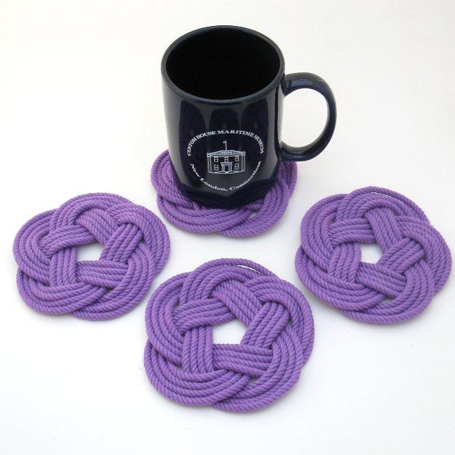 Nautical Knot Sailor Knot Coasters, woven in Purple Cotton , Set of 4 handmade at Mystic Knotwork