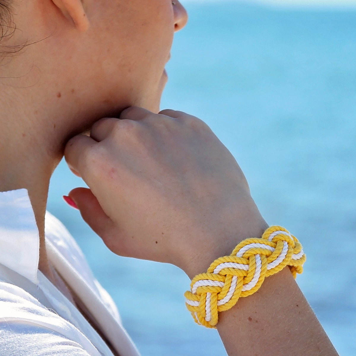 Nautical Knot Striped Sailor Bracelet, Nautical Colors w/ White Stripe handmade at Mystic Knotwork