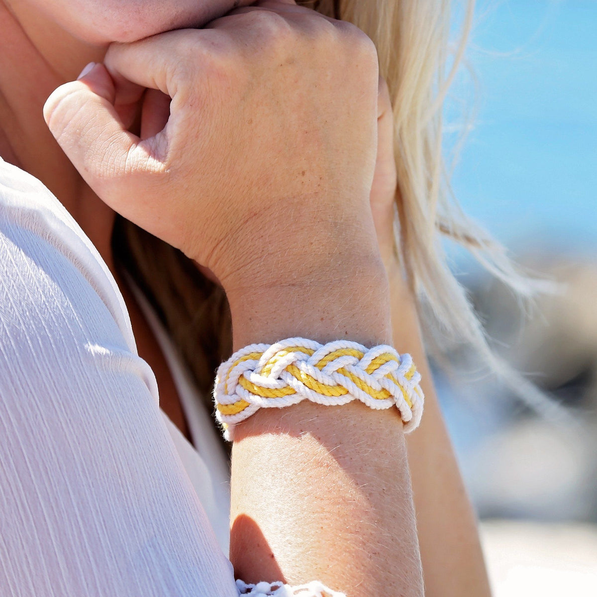 Nautical Knot Striped Sailor Bracelet, White w/ Nautical Color Stripe handmade at Mystic Knotwork