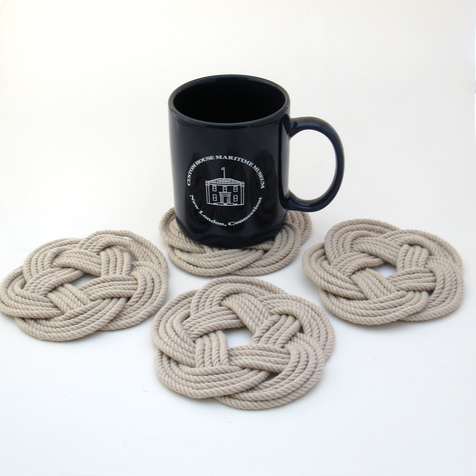 Nautical Knot Sailor Knot Coasters, woven in Tan , Set of 4 handmade at Mystic Knotwork