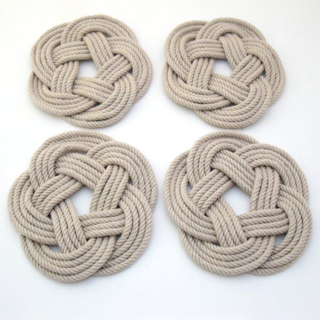 Nautical Knot Sailor Knot Coasters, woven in Tan , Set of 4 handmade at Mystic Knotwork