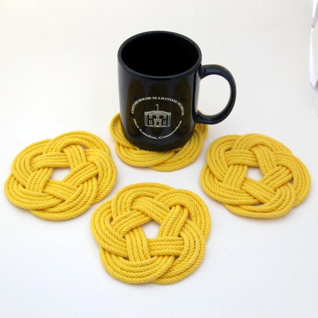 Nautical Knot Sailor Knot Coasters, woven in Yellow Cotton , Set of 4 handmade at Mystic Knotwork