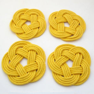 Nautical Knot Sailor Knot Coasters, woven in Yellow Cotton , Set of 4 handmade at Mystic Knotwork