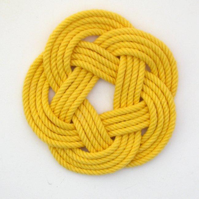 Nautical Knot Sailor Knot Coasters, woven in Yellow Cotton , Set of 4 handmade at Mystic Knotwork