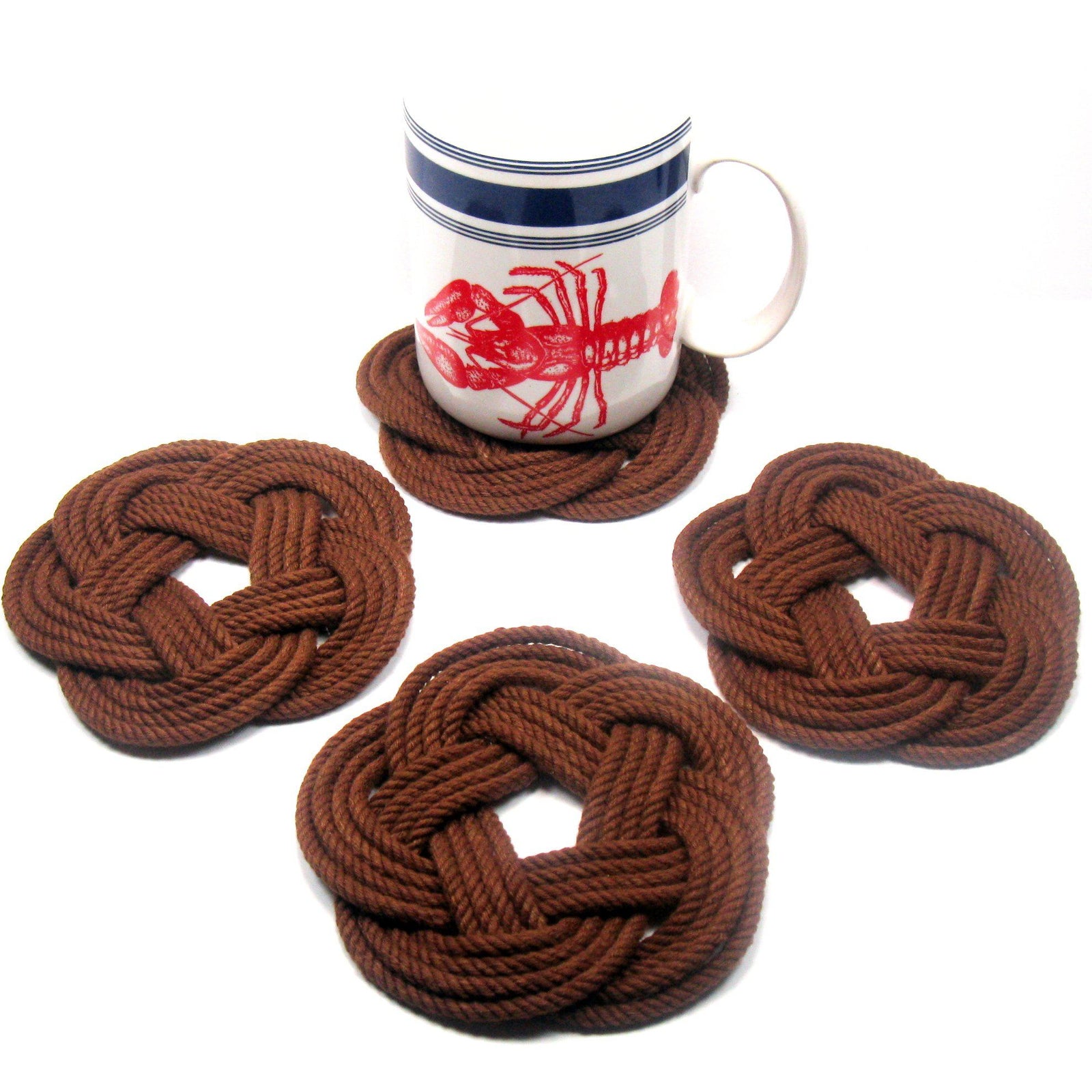 Nautical Knot Sailor Knot Coasters, woven in Brown Cotton , Set of 4 handmade at Mystic Knotwork