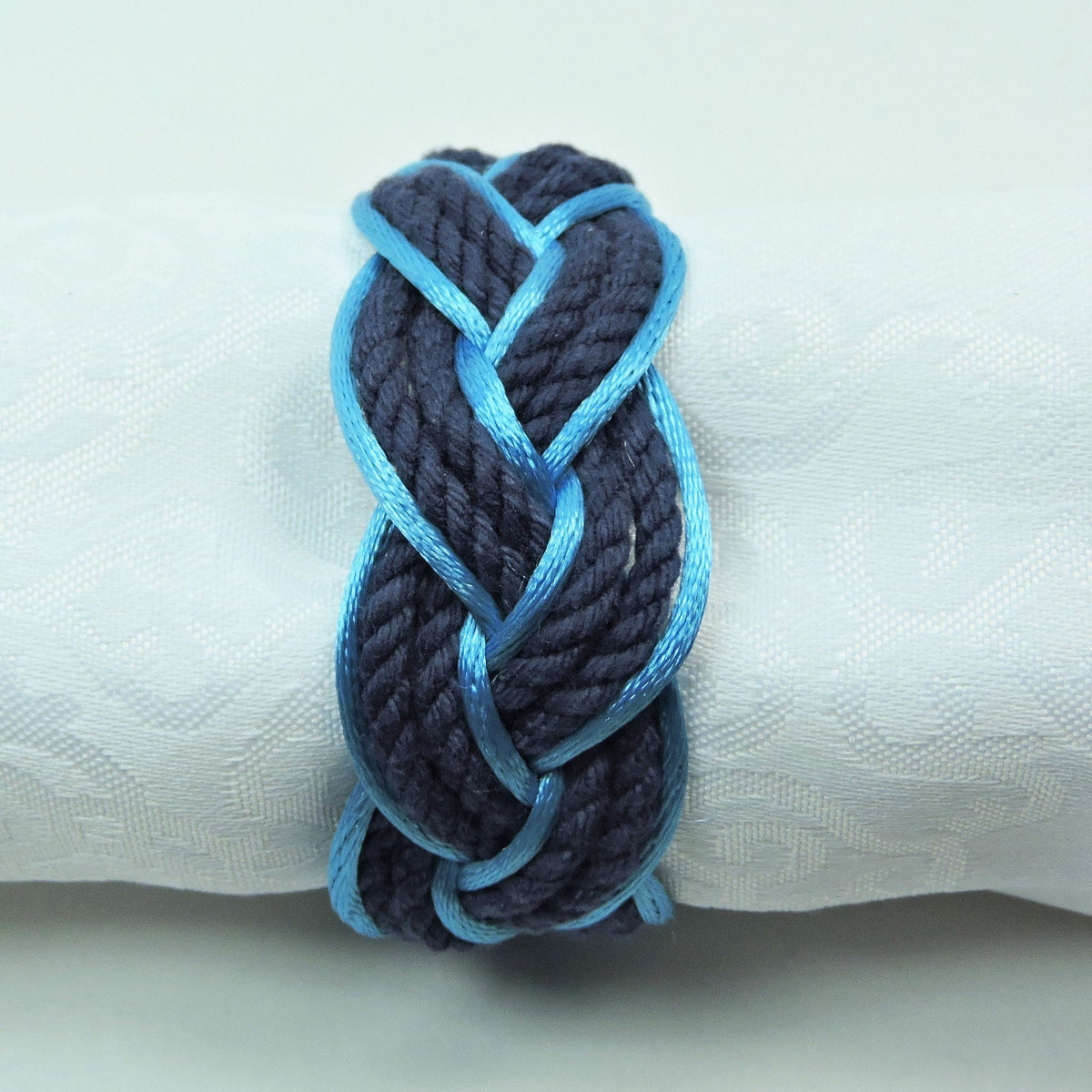 Nautical Knot Sailor Knot Napkin Rings, Navy Outlined in Turquoise Satin, Set of 4 - Limited Edition! handmade at Mystic Knotwork