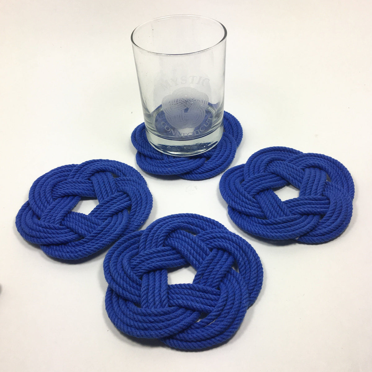Nautical Knot Sailor Knot Coasters, woven in Royal Blue, Set of 4 handmade at Mystic Knotwork