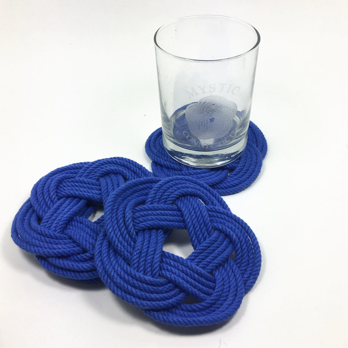 Nautical Knot Sailor Knot Coasters, woven in Royal Blue, Set of 4 handmade at Mystic Knotwork