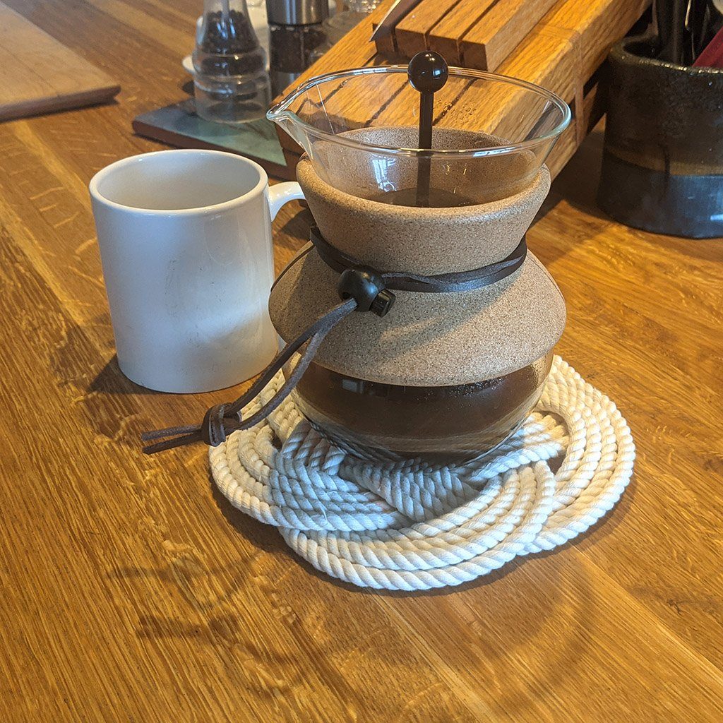 7" Nautical Sailor Knot Trivet, White Cotton Rope, Small trivet Mysticknotwork.com 