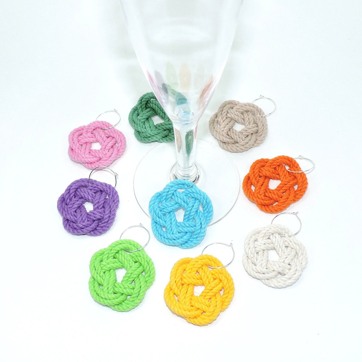 Nautical Knot Sailor Knot Wine Charms, Tropical Colors handmade at Mystic Knotwork