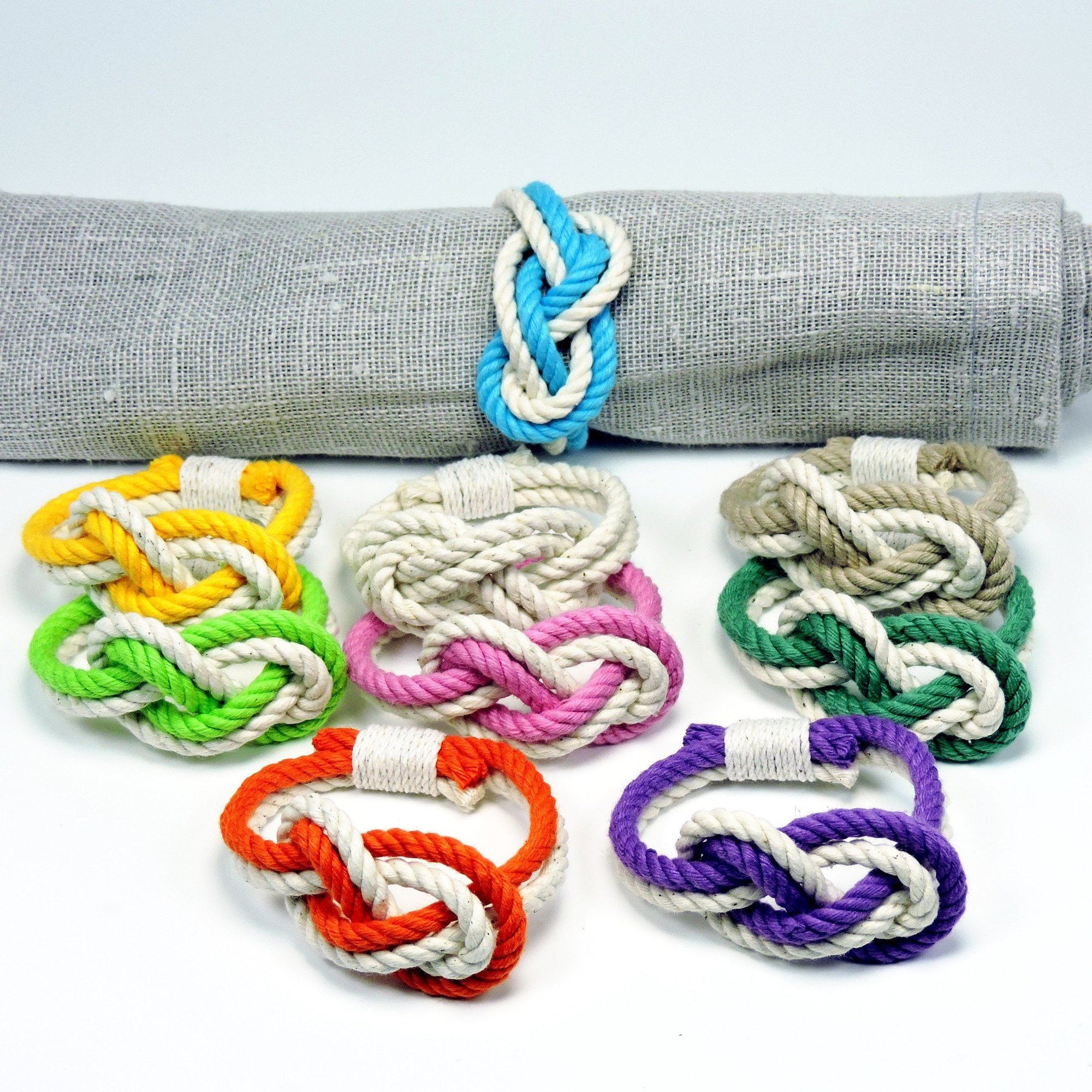 Nautical Knot Figure Eight Infinity Knot Napkin Rings, Tropical Colors, Set of 4 handmade at Mystic Knotwork