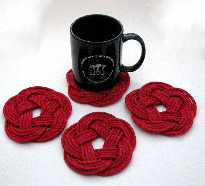 Nautical Knot Sailor Knot Coasters, Woven in Classic Red, Set of 4 handmade at Mystic Knotwork