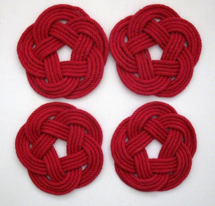 Nautical Knot Sailor Knot Coasters, Woven in Classic Red, Set of 4 handmade at Mystic Knotwork