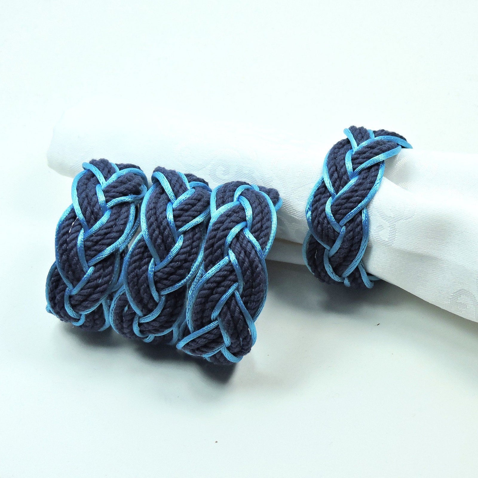 Nautical Knot Sailor Knot Napkin Rings, Navy Outlined in Turquoise Satin, Set of 4 - Limited Edition! handmade at Mystic Knotwork