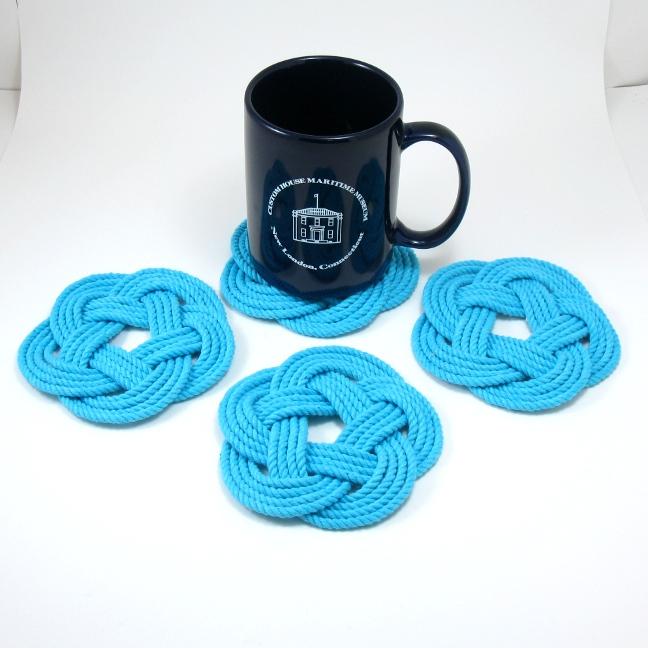 Nautical Knot Sailor Knot Coasters, woven in Turquoise Cotton , Set of 4 handmade at Mystic Knotwork