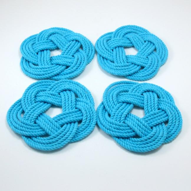 Nautical Knot Sailor Knot Coasters, woven in Turquoise Cotton , Set of 4 handmade at Mystic Knotwork