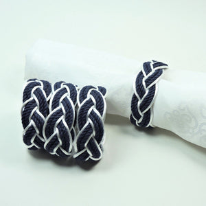 Nautical Knot Sailor Knot Napkin Rings, Navy Outlined in White Satin, Set of 4 - Limited Edition! handmade at Mystic Knotwork