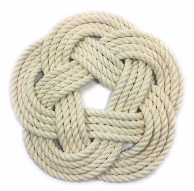 10" Nautical Sailor Knot Trivet, White Cotton Rope, Large Mystic Knotwork
