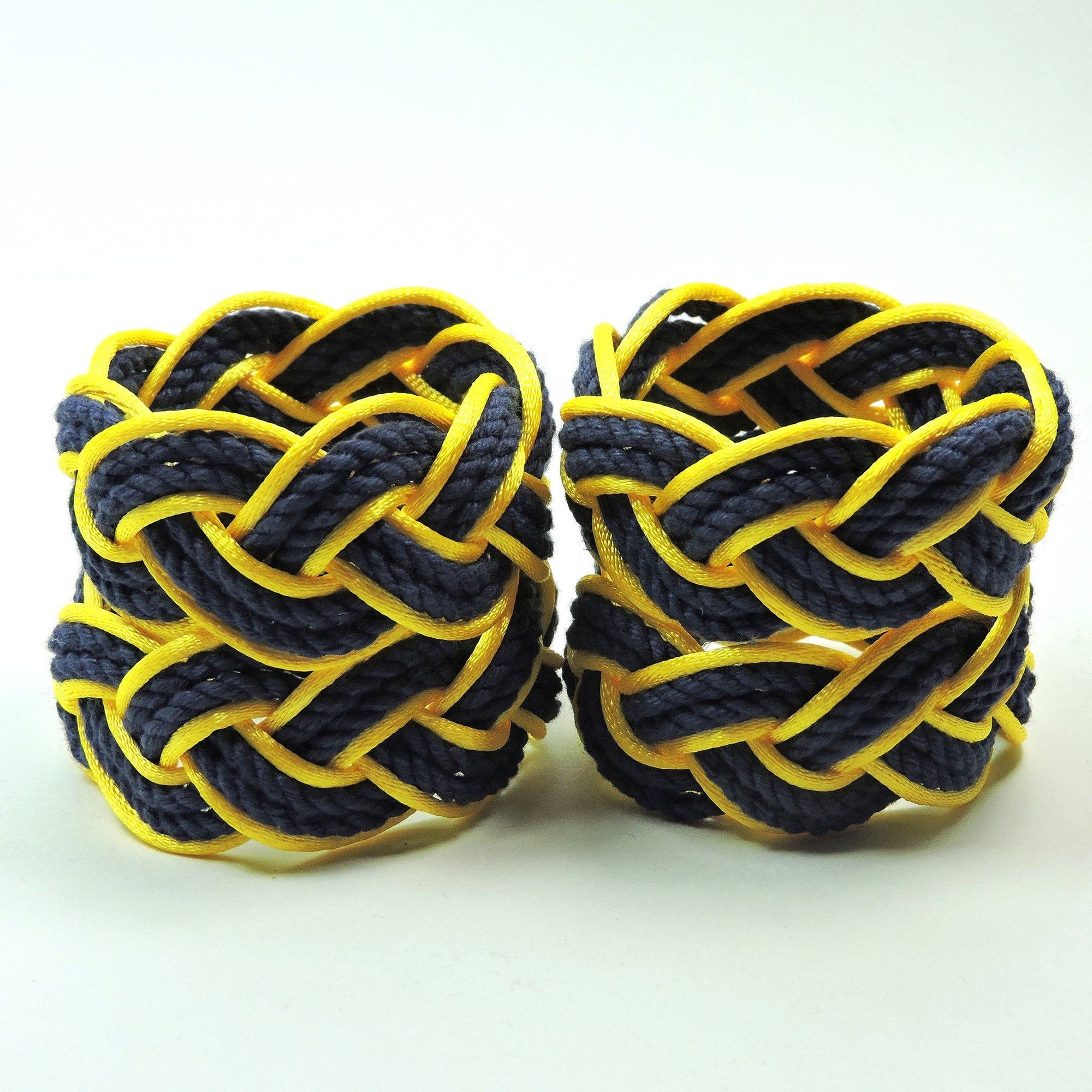 Nautical Knot Sailor Knot Napkin Rings, Navy Outlined in Yellow Satin, Set of 4 - Limited Edition! handmade at Mystic Knotwork