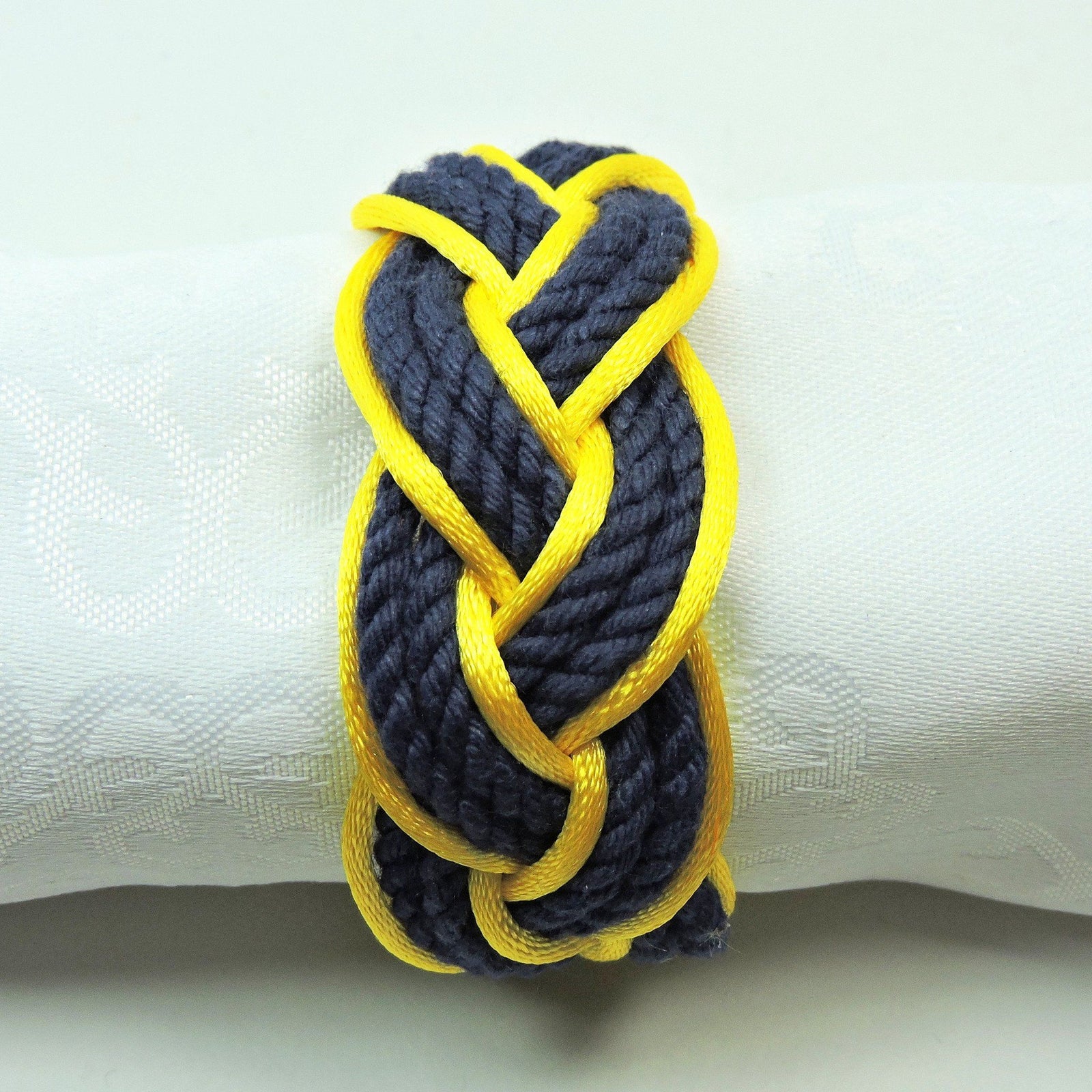 Nautical Knot Sailor Knot Napkin Rings, Navy Outlined in Yellow Satin, Set of 4 - Limited Edition! handmade at Mystic Knotwork