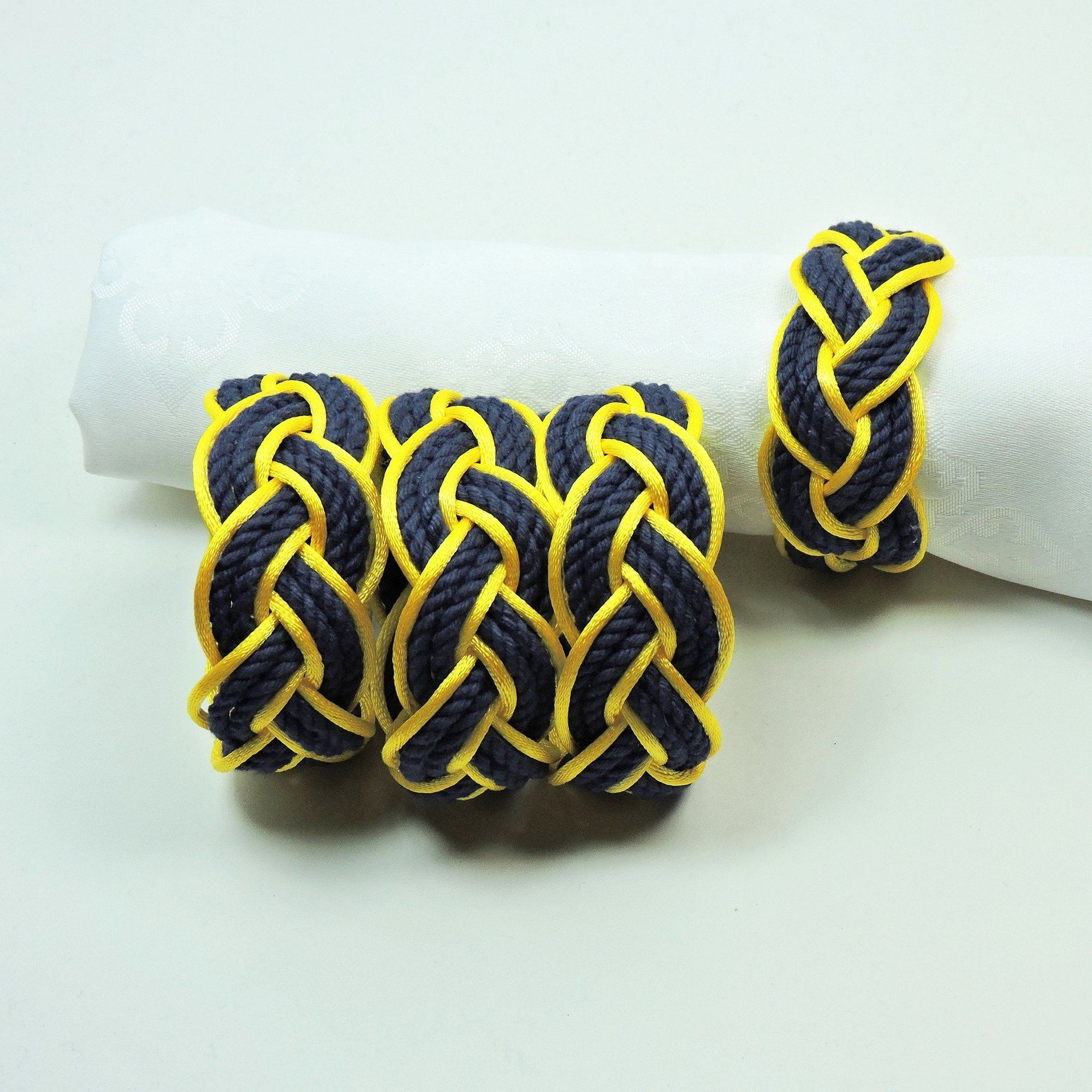 Nautical Knot Sailor Knot Napkin Rings, Navy Outlined in Yellow Satin, Set of 4 - Limited Edition! handmade at Mystic Knotwork